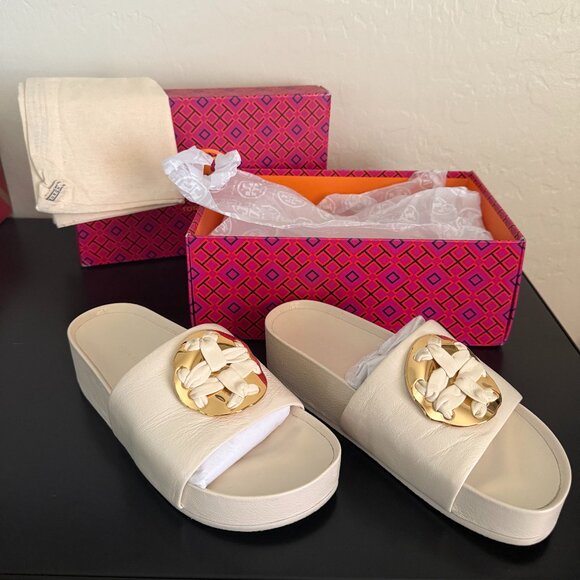 Tory Burch Double T Woven Platform Slide - Picture 1 of 7